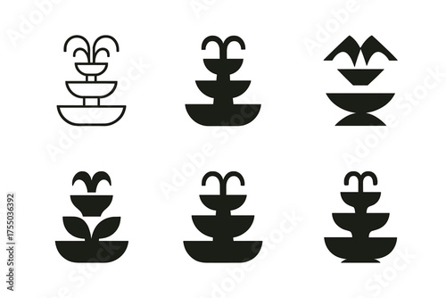 Fountain Logo Variations. Fountain. Set Logo of Fountain: tiered water fountain. harmonious logo variations of the same emblematic concept, each with different