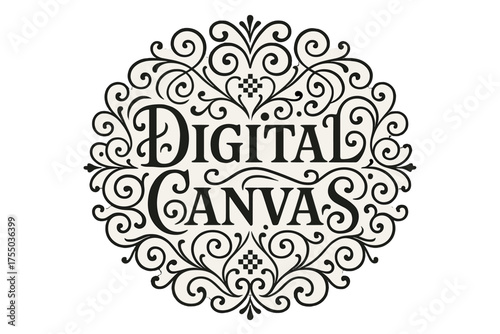 Ornate Digital Typography. Flourish Lettering: "Digital Canvas" ? ornate swashes and curls around medium-thick letters, circular symmetrical layout with