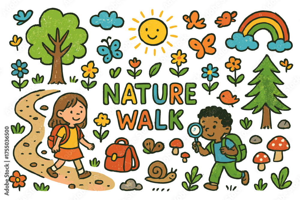 Fototapeta premium Nature Walk Adventure. Nature Walk. Colorful Hand-drawn doodle Children illustration trail, trees, flowers, birds, butterflies, sun, clouds, rocks, small