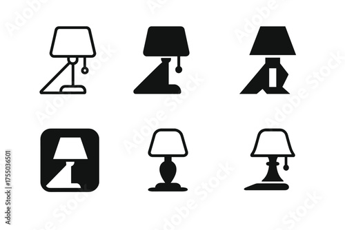 Bedside Lamp Logos. Turning on a bedside lamp. Set Logo of Turning on a bedside lamp: nightlight beam and shadow. harmonious logo variations of the same