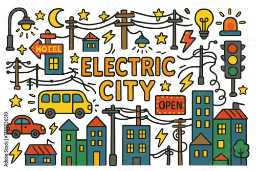 Electric Cityscape Illustration. Electric City. Colorful Hand-drawn doodle Children illustration streetlights, neon signs, power lines, cars, buses, buildings,