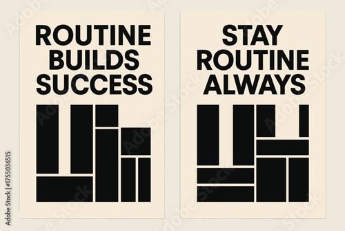 Routine Success Banners. Wisdom. Two vertical A6 banners with safe margins, centered composition, no elements touching edges, bauhaus style, black and cream,
