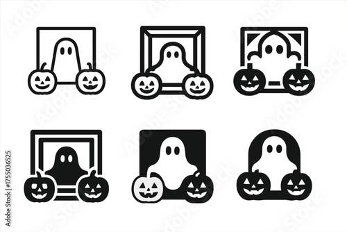 Child-Friendly Halloween Logos. Halloween party activities for children. Set Logo of Halloween party activities for children: spooky photo booth frame.