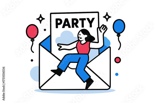 Birthday Party Vibes. Party Invitation. Envelope with birthday card peeking out, floating sparkles, tiny balloons around, hinting at celebration inside. Soft