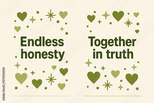 Endless Honesty Banners. Endless honesty. Two vertical A6 banners with safe margins, centered composition, no elements touching edges, memphis, olive green and