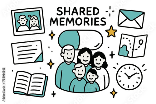 Memories Capsule Illustration. Shared Memories. Hand-drawn doodle illustration capsule (colored), group of people (colored), family photo, letter (colored),