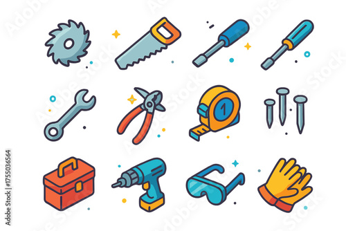 Colorful DIY Tool Icons. DIY Tools. Colorful isometric vector icons set of DIY tools: power saw blade, hand saw, hammer, screwdriver, wrench, pliers, tape