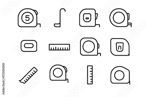 Workshop Tape Measure Icons. Workshop tape measure. Line icon set of Workshop tape measure: tape measure, hook end, retractable tape, tape reel, locking