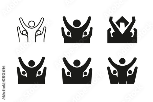 Concert Crowd Silhouettes. Happy People with Hands Raised at a Concert. Set Logo of Happy People with Hands Raised at a Concert: crowd silhouette with raised