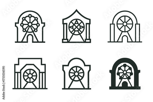 Theme Park Logo Variations. Theme parks and amusement rides. Set Logo of Theme parks and amusement rides: park entrance gate. harmonious logo variations of the