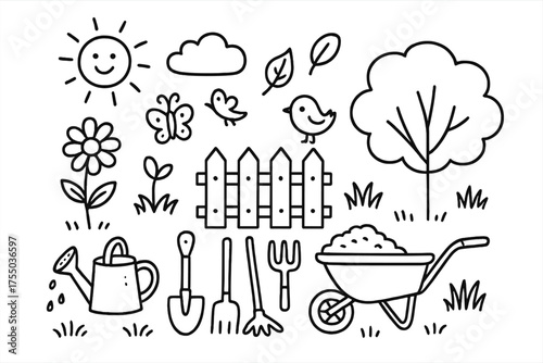 Blooming Backyard Doodles. Blooming backyard. Hand-drawn doodle illustration blooming backyard flower, sprout, watering can, shovel, rake, wheelbarrow, fence,