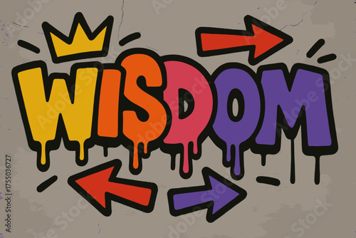 Urban Graffiti Artistry. Urban Wisdom ? Graffiti Simplified, chunky tilted bubble letters with dripping edges, arrows and crowns, flat spray-fill, urban