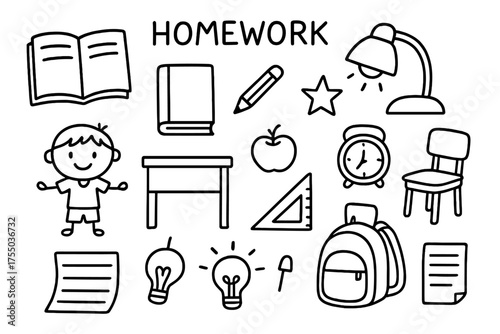 Homework Essentials Icons. Homework. Hand-drawn doodle illustration homework notebook, book, pencil, desk, lamp, apple, backpack, clock, ruler,