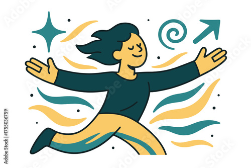 Ethereal Sand Dance. Sand breeze. Glowing figure stretching arms wide as sand swirls softly around. Floating icons of sparkle, swirl, and arrow symbolizing