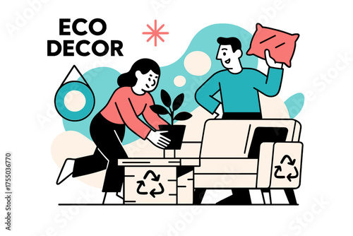 Eco-Friendly Living Room. Eco Decor. A glowing living room with recycled furniture and handmade decor, abstract spark and circle icons symbolizing conscious