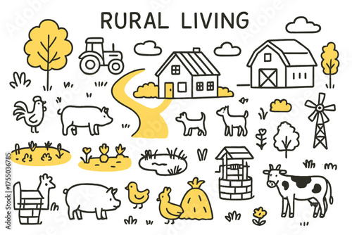 Rustic Farm Doodle. Rural Living. Hand-drawn doodle illustration Farmhouse, barn, tractor, chickens, cows, pigs, garden, fence, dirt road, haystack,