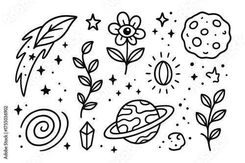 Space Flora Doodle. Space Flora. Hand-drawn doodle illustration Space Flora comet leaf alien flower asteroid vine glowing pod planet star spiral crystal.