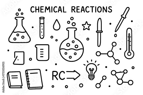 Chemical Reactions Doodles. Chemical reactions. Hand-drawn doodle illustration chemical reactions flask, test tube, beaker, droplet, bubble, pipette,