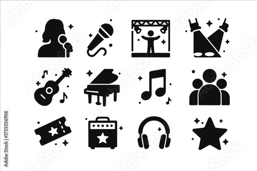 Celebrity Singer Icons. Celebrity singers. Solid icons set of Celebrity singers: singer silhouette, microphone, stage, spotlight, guitar, piano, music note,