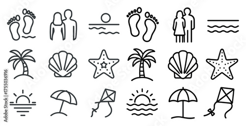 Beach vacation icons set – outline, linear, travel and holiday symbols