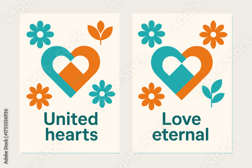 United Hearts Banners. United hearts. Two vertical A6 banners with safe margins, centered composition, no elements touching edges, geometric, turquoise and