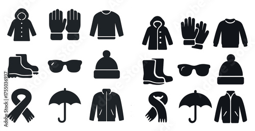 Winter clothing silhouette icons set – solid, filled, fashion and accessories