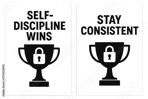 Discipline and Consistency Banners. Motivation. Two vertical A6 banners with safe margins, centered composition, no elements touching edges, flat vector