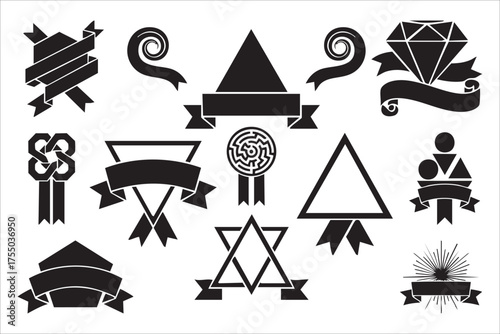 Collection of black silhouetted award ribbons badges and emblems
