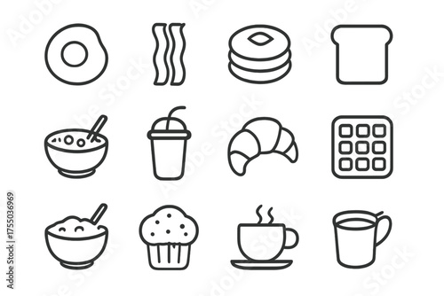 Breakfast Icon Grid. Breakfast foods. Line icon set of Breakfast foods: fried egg, bacon, pancake, toast, cereal bowl, smoothie, croissant, waffle, oatmeal,