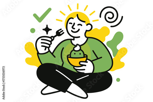 Guilt-Free Dessert Delight. No Restrictions. A glowing person enjoying dessert without guilt, abstract spark and swirl icons symbolizing acceptance. Modern