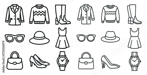 Fashion and apparel outline icons set – wardrobe, clothing, accessory symbols
