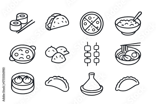 Global Cuisine Icons. Ethnic dishes. Line icon set of Ethnic dishes: sushi, tacos, pizza, curry bowl, paella, dumplings, kebab, ramen, dim sum, pierogi,