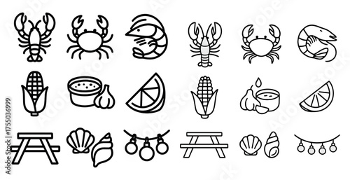 Seafood and dining outline icons set – linear, picnic, shellfish and cookout designs