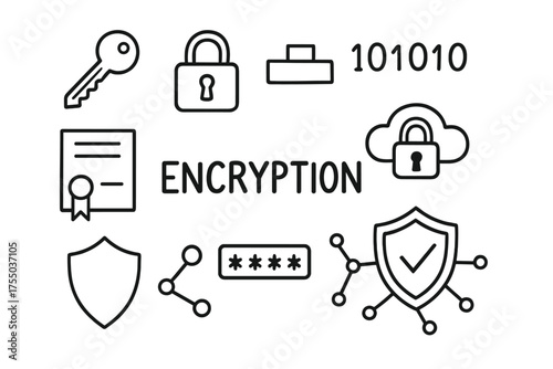 Encryption Doodle Icons. Encryption. Hand-drawn doodle illustration Encryption lock key padlock certificate code binary cloud shield network secure password.