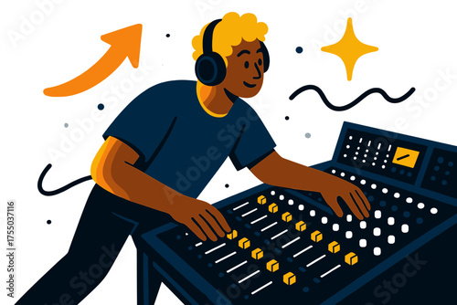 Dynamic Concert Prep. Concert prep. Glowing sound technician setting levels on a large mixing board backstage. Floating icons of arrow, sparkle, and wave