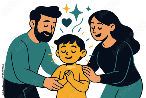 Child Wishing Moment. Family moment. Glowing child with parents beside, eyes shut while making a wish. Floating icons of heart, sparkle, and star symbolizing