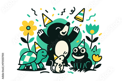Mole's Joyful Celebration. Mole Party. Mole and friends celebrating in tiny garden scene, floating party hats, confetti, and abstract flowers, joyful and