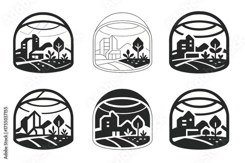 Futuristic Habitat Logos. A futuristic space habitat with living quarters, gardens, and workspaces. Set Logo of A futuristic space habitat with