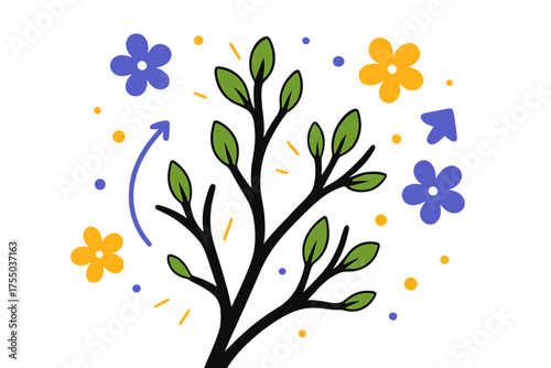 Vibrant Spring Growth. Spring budding branches. Bare glowing branches beginning to sprout leaves, abstract floating flower icons and light particles signaling