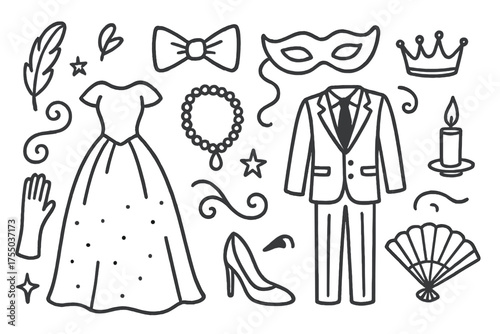 Ballroom Attire Doodle Icons. Ballroom attire. Hand-drawn doodle illustration ballroom attire gown, suit, bow tie, shoe, mask, glove, feather, necklace, fan,