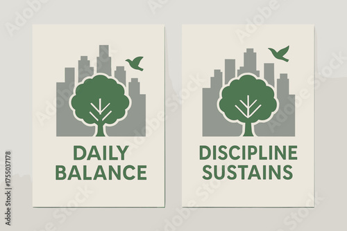 Urban Eco Banners. Urban ecosystems. Two vertical A6 banners with safe margins, centered composition, no elements touching edges, modern eco style, green and