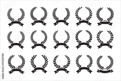 Collection of laurel wreath emblems with ribbons for awards and recognition