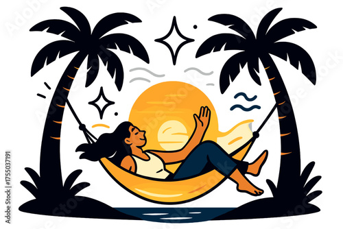 Tropical Sunset Bliss. Island escape. Glowing hammock tied between two palms with glowing sunset horizon. Floating icons of sparkle, star, and wave symbolizing
