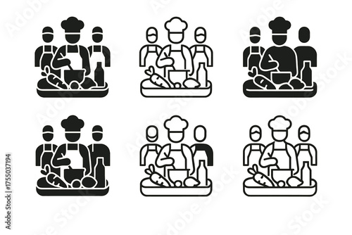 Cooking Class Logos. A group of people participating in a cooking class, learning new skills. Set Logo of A group of people participating in a cooking class,