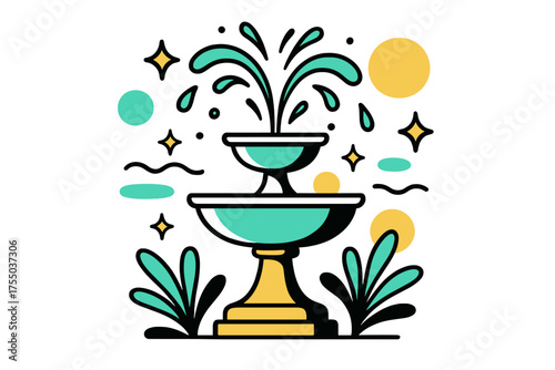Decorative Garden Fountain. Fountain. Small decorative garden fountain, droplets sparkling mid-air, soft floating lights and abstract shapes emphasizing