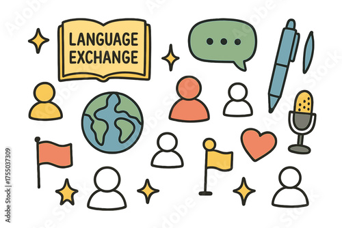 Language Exchange Illustration. Language Exchange. Hand-drawn doodle illustration book (colored), chat bubble (colored), globe, pen (colored), people icons,