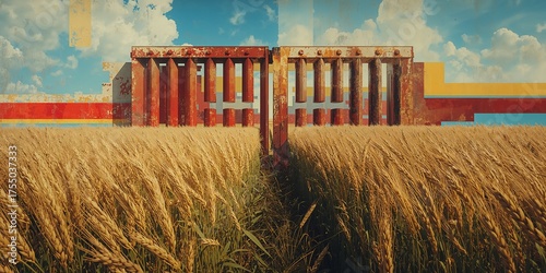 Surreal Landscape with Golden Wheat Field Leading to a Weathered Industrial Barrier Under a Distressed, Abstract Sky