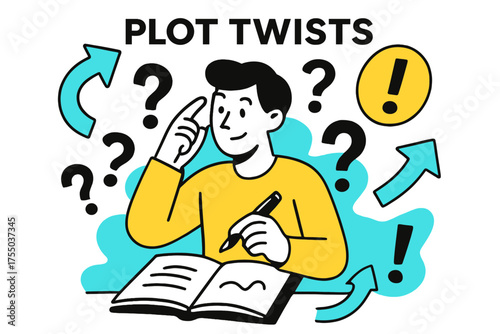 Whimsical Brainstorming Scene. Plot Twists. Floating question marks, exclamation marks, and abstract arrows around writer brainstorming unexpected story turns,