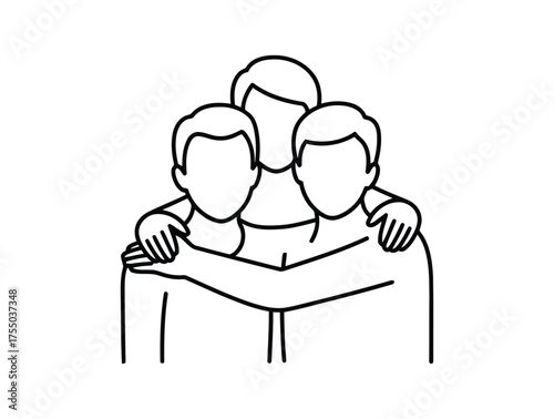 Three friends embracing each other in a line drawing of friendship and support