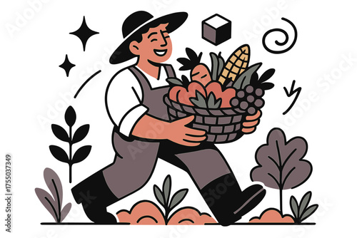 Abundant Harvest Glow. Harvest time. Glowing farmer carrying basket of mixed crops and fruits from agroforestry field. Floating icons of sparkle, cube, and